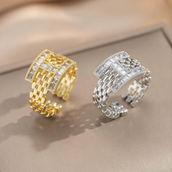 Wholesale Unisex Modern Minimalist Geometric Copper Zircon H Letter Diamondencrusted Open Ring With Polished Plating