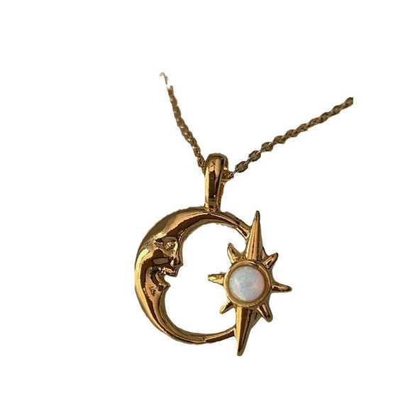 Wholesale Unisex Mori Style Geometric Hollow Star Moon Opal Inlaid Copper Electroplated Pendant Necklace With Ochain