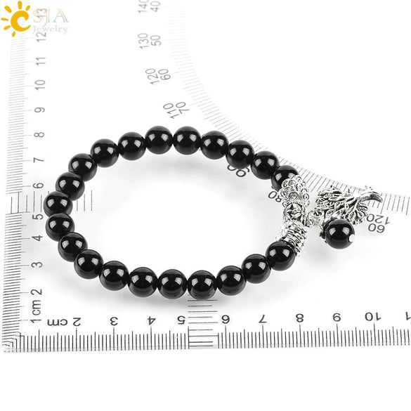 Wholesale Unisex Natural Black Agate And Alloy Accessories Bracelet With Tree Of Life Design And Baking Varnish Treatment