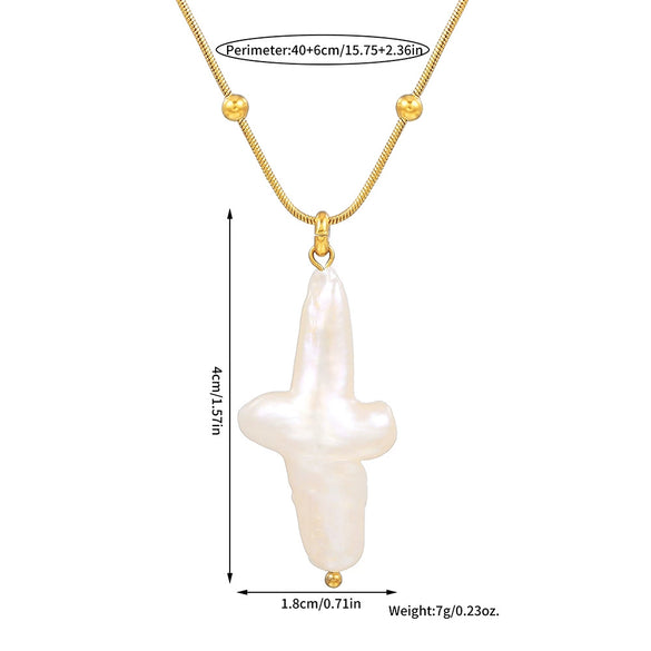 Wholesale Unisex Natural Freshwater Baroque Pearl Alien Shape Cross Pendant Titanium Steel Jewelry