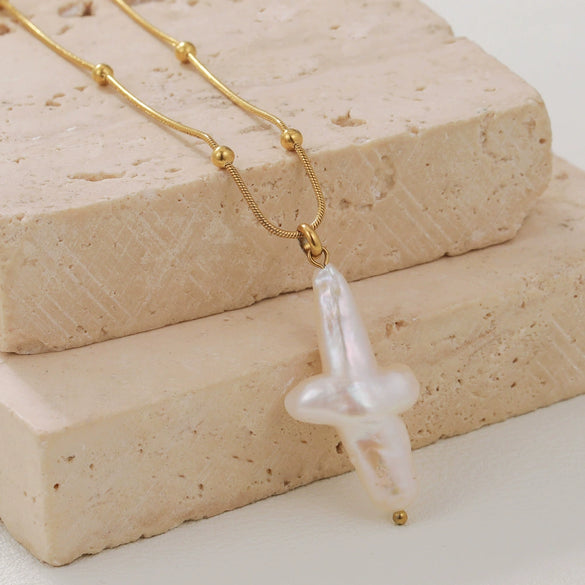 Wholesale Unisex Natural Freshwater Baroque Pearl Alien Shape Cross Pendant Titanium Steel Jewelry
