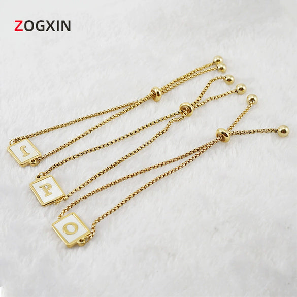 Wholesale Unisex Natural Shell Letter Stainless Steel Bracelet With Vacuum Electroplated Square Bead Chain