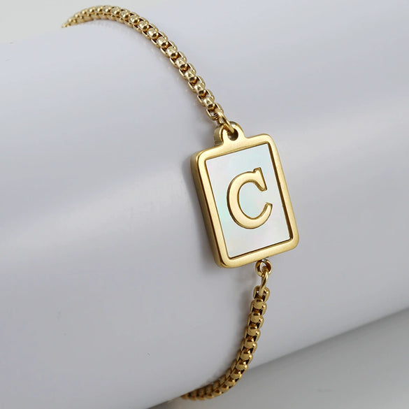 Wholesale Unisex Natural Shell Letter Stainless Steel Bracelet With Vacuum Electroplated Square Bead Chain