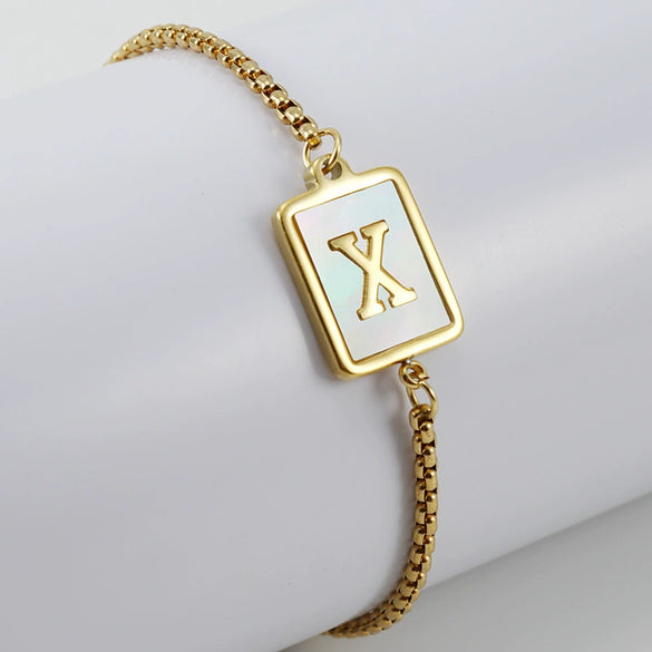 Wholesale Unisex Natural Shell Letter Stainless Steel Bracelet With Vacuum Electroplated Square Bead Chain