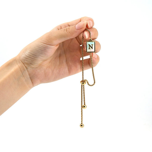 Wholesale Unisex Natural Shell Letter Stainless Steel Bracelet With Vacuum Electroplated Square Bead Chain