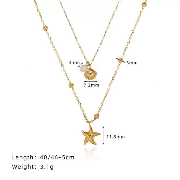 Wholesale Unisex Natural Style Double Layer Starfish Shell Clavicle Chain Stacked Necklace Titanium Steel 18K Gold Vacuum Plated