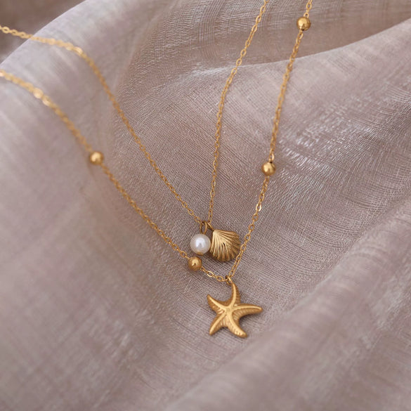 Wholesale Unisex Natural Style Double Layer Starfish Shell Clavicle Chain Stacked Necklace Titanium Steel 18K Gold Vacuum Plated