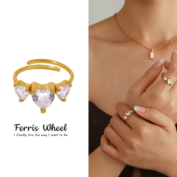 Wholesale Unisex Niche Geometric Ferris Wheel Inlaid Zircon Stainless Steel Goldplated Adjustable Opening Ring