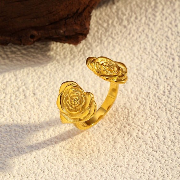 Wholesale Unisex Open Stainless Steel Rings With Flower And Geometric Patterns 18K Gold Plated