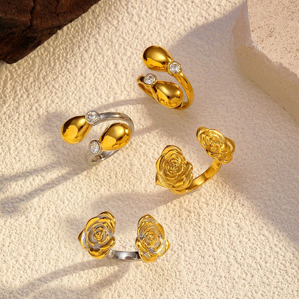 Wholesale Unisex Open Stainless Steel Rings With Flower And Geometric Patterns 18K Gold Plated
