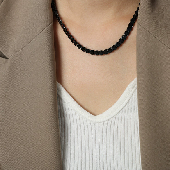 Wholesale Unisex Oval Blade Stitching Chain Design Electroplated Titanium Steel Jewelry Suit Necklace Bracelet