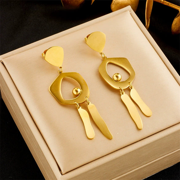 Wholesale Unisex Retro Elegant Cold Style Irregular Round Geometric Tassel Long Pendant Earrings Titanium Steel Electroplated