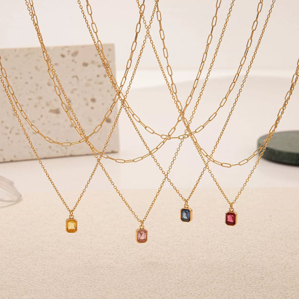 Wholesale Unisex Retro Geometric Doublelayered Necklace With Rectangular Pendant Copper O Word Chain Titanium Steel Electroplated December Birthstone