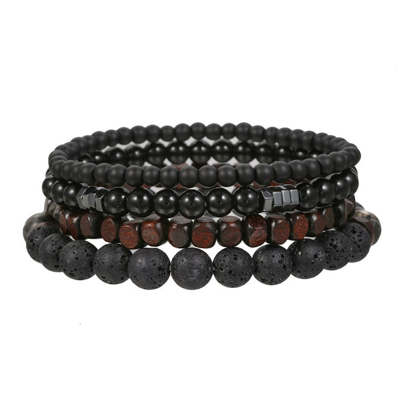 Wholesale Unisex Retro Handmade Geometric Volcanic Stone And Wooden Beads Double Layer Stacked Bracelet
