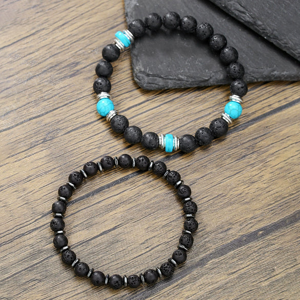Wholesale Unisex Retro Handmade Geometric Volcanic Stone And Wooden Beads Double Layer Stacked Bracelet