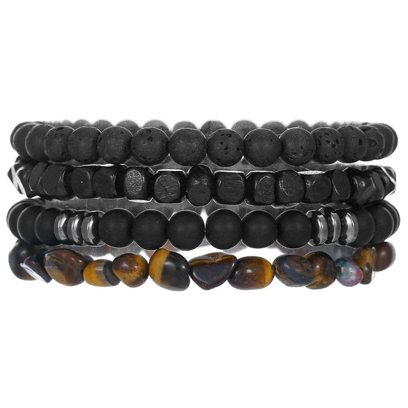 Wholesale Unisex Retro Handmade Geometric Volcanic Stone And Wooden Beads Double Layer Stacked Bracelet