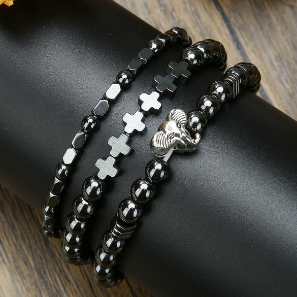 Wholesale Unisex Retro Handmade Geometric Volcanic Stone And Wooden Beads Double Layer Stacked Bracelet