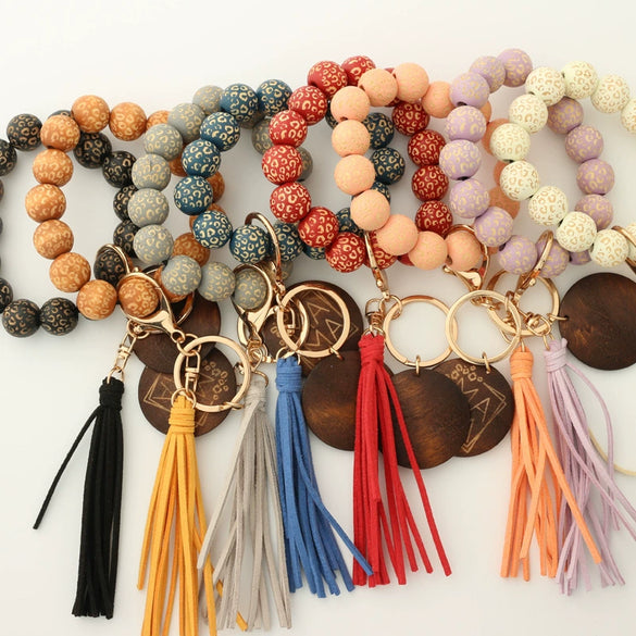 Wholesale Unisex Retro Handmade Leopard Spotted Wood Bead Bracelet Keychain
