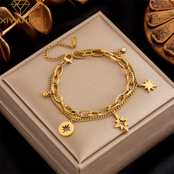 Wholesale Unisex Retro Hollow Six Pointed Star Rhinestone Double Layer Chain Titanium Steel Bracelet With Electroplating