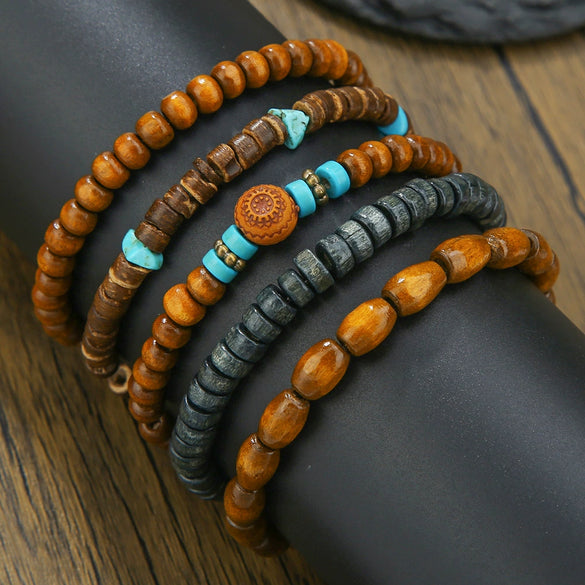 Wholesale Unisex Retro Simple Multilayer Stacked Handstring With Turquoise Wooden Beads Manual Design