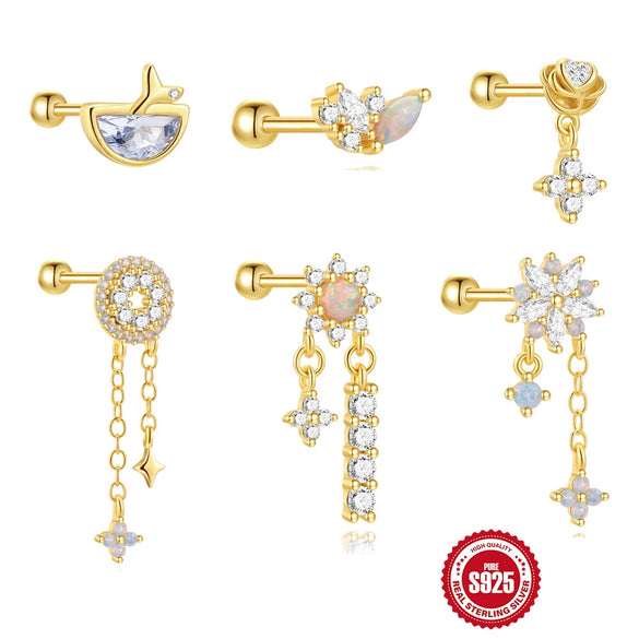 Wholesale Unisex S925 Sterling Silver Floral Ocean Geometric Round Bead Threaded Piercing Ear Bone Nails Tassel Ear Jewelry With Environmentally Friendly Electroplating