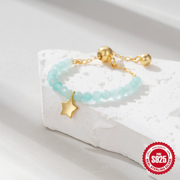 Wholesale Unisex S925 Sterling Silver Geometric Star Pendant Adjustable Ring With Natural Tianhe Stone And Electroplating