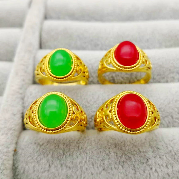 Wholesale Unisex Sand Gold Inlaid Ruby Open Ring Geometric Design 24K Gold Plated Copper