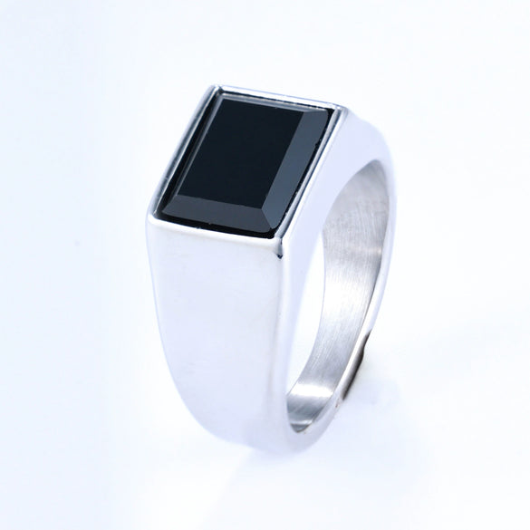 Wholesale Unisex Simple Black Gemstone Geometric Stainless Steel Ring With Polish Finish