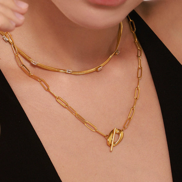 Wholesale Unisex Simple Geometric Stainless Steel And Titanium Steel Electroplated Ferris Wheel Otter Buckle Pendant Double Layer Overlapping Clavicle Necklace With Inlaid Zircon