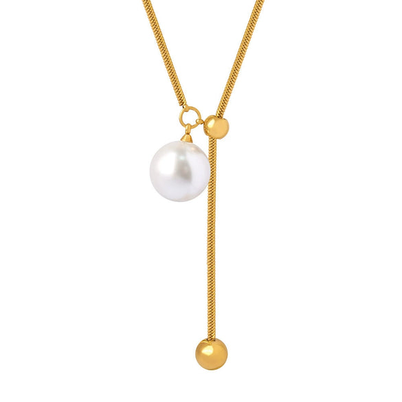 Wholesale Unisex Simple Geometric Titanium Steel Electroplated Necklace With Snake Chain And Round Bead Tassel Pendant