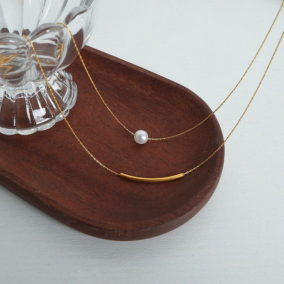 Wholesale Unisex Simple Geometric Titanium Steel Goldplated Bead Pendant Doublelayer Stacked Necklace