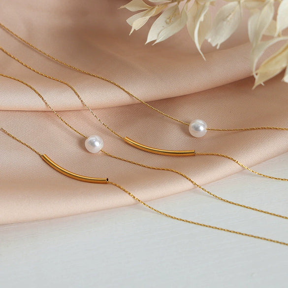 Wholesale Unisex Simple Geometric Titanium Steel Goldplated Bead Pendant Doublelayer Stacked Necklace