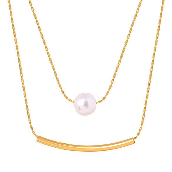 Wholesale Unisex Simple Geometric Titanium Steel Goldplated Bead Pendant Doublelayer Stacked Necklace