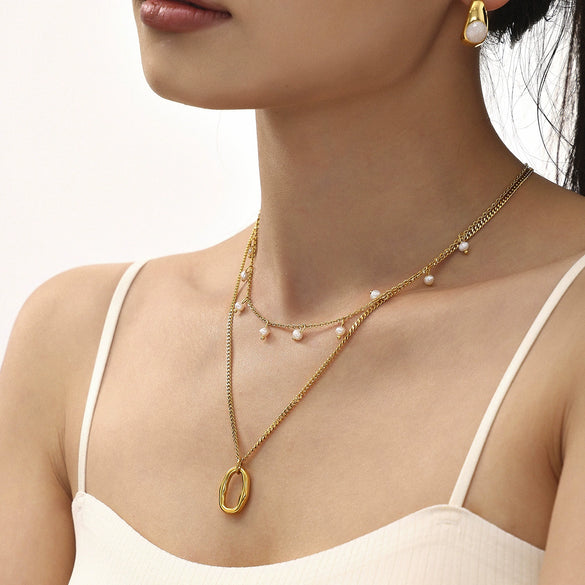 Wholesale Unisex Simple Minimalist Geometric Ferris Wheel Pendant Necklace With Pearl Tassel Double Layer Overlapping Stainless Steel Shell Beads Titanium Steel Electroplated