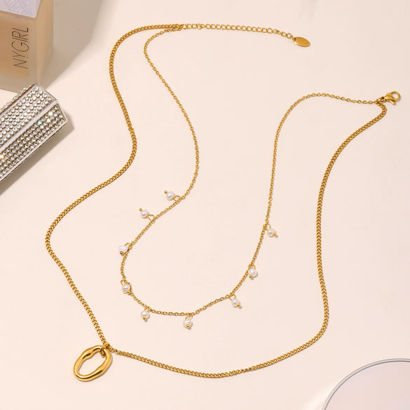 Wholesale Unisex Simple Minimalist Geometric Ferris Wheel Pendant Necklace With Pearl Tassel Double Layer Overlapping Stainless Steel Shell Beads Titanium Steel Electroplated