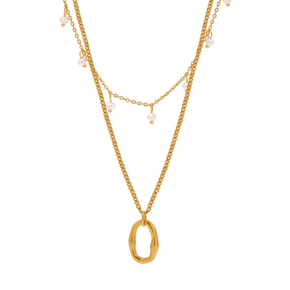 Wholesale Unisex Simple Minimalist Geometric Ferris Wheel Pendant Necklace With Pearl Tassel Double Layer Overlapping Stainless Steel Shell Beads Titanium Steel Electroplated