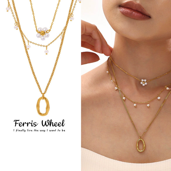 Wholesale Unisex Simple Minimalist Geometric Ferris Wheel Pendant Necklace With Pearl Tassel Double Layer Overlapping Stainless Steel Shell Beads Titanium Steel Electroplated
