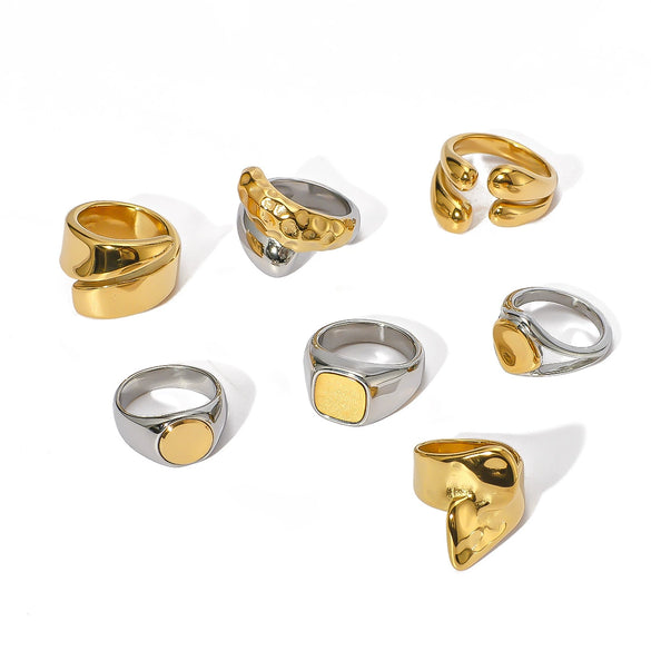 Wholesale Unisex Stainless Steel Casting Ring With Gold And Steel Color Matching Geometric Pattern 18K Furnace Vacuum Plated