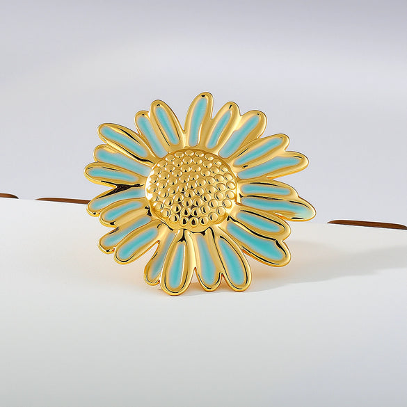 Wholesale Unisex Stainless Steel Electroplated Geometric Daisy Oildrip Ring With Niche And Floral Style