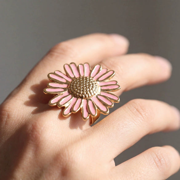 Wholesale Unisex Stainless Steel Electroplated Geometric Daisy Oildrip Ring With Niche And Floral Style