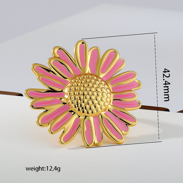 Wholesale Unisex Stainless Steel Electroplated Geometric Daisy Oildrip Ring With Niche And Floral Style