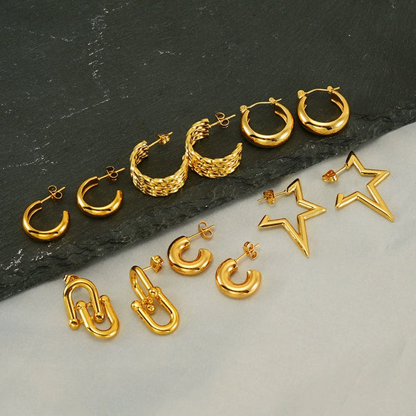 Wholesale Unisex Stainless Steel Electroplated Geometric Round Woven Hoop Earrings With Ushaped And Star Patterns