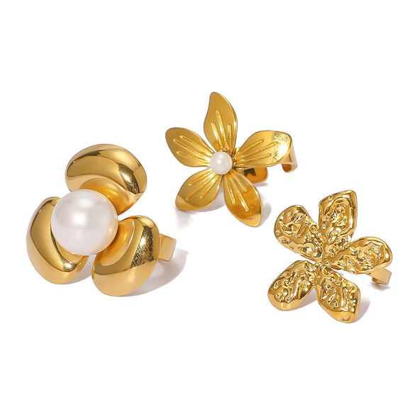 Wholesale Unisex Stainless Steel Flower Pearl Ring With Geometric Pattern And 18K Furnace Vacuum Plating