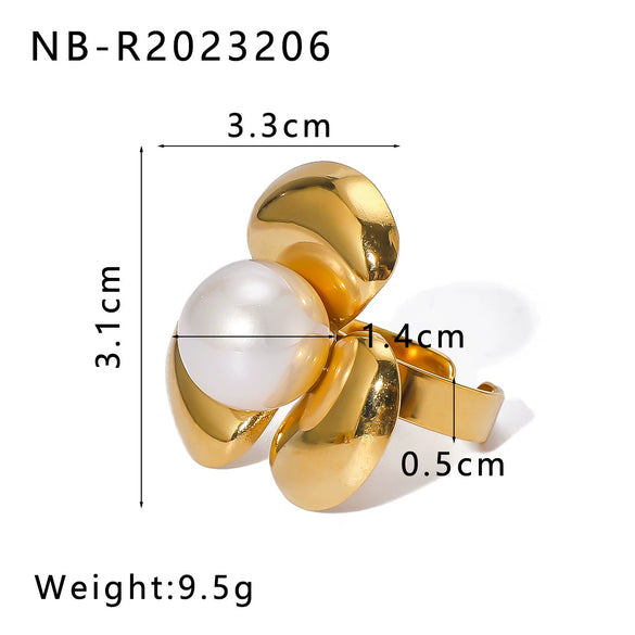 Wholesale Unisex Stainless Steel Flower Pearl Ring With Geometric Pattern And 18K Furnace Vacuum Plating