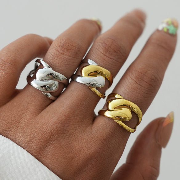 Wholesale Unisex Stainless Steel Geometric Cross Lines Ring With Pvd Furnace Vacuum Real Gold Plating
