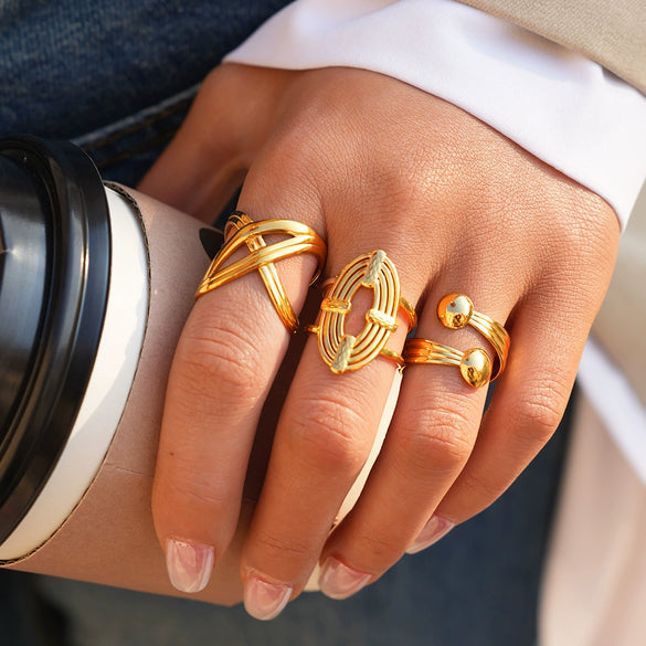 Wholesale Unisex Stainless Steel Geometric Leaf Wave Open Ring With Vacuum Plating