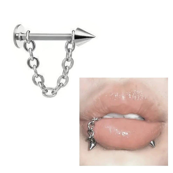 Wholesale Unisex Stainless Steel Geometric Lip Nail Chain Round Ball Pointed Cone Lip Ring One Nail Dual Purpose Curved Rod Chain Eyebrow Nail Ear Bone Nail Electroplated