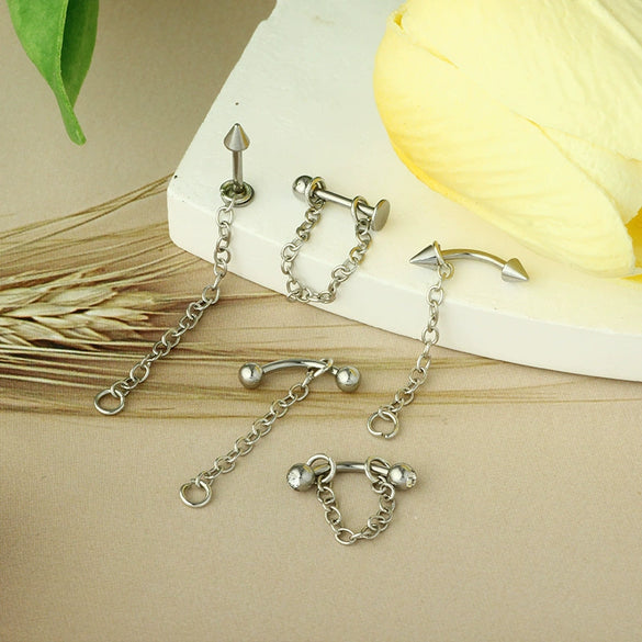 Wholesale Unisex Stainless Steel Geometric Lip Nail Chain Round Ball Pointed Cone Lip Ring One Nail Dual Purpose Curved Rod Chain Eyebrow Nail Ear Bone Nail Electroplated