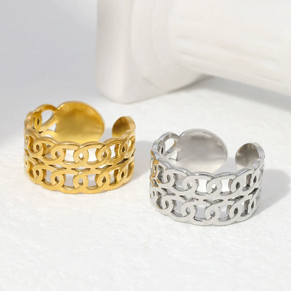 Wholesale Unisex Stainless Steel Geometric Open Double Chain Ring With Electroplating Retro And Fashionable