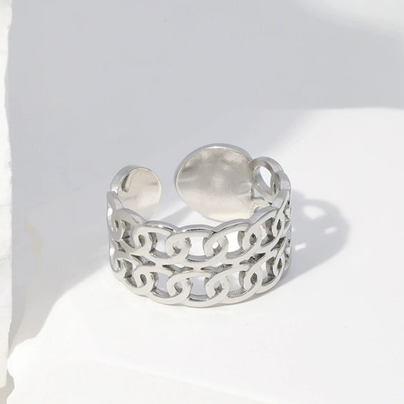 Wholesale Unisex Stainless Steel Geometric Open Double Chain Ring With Electroplating Retro And Fashionable